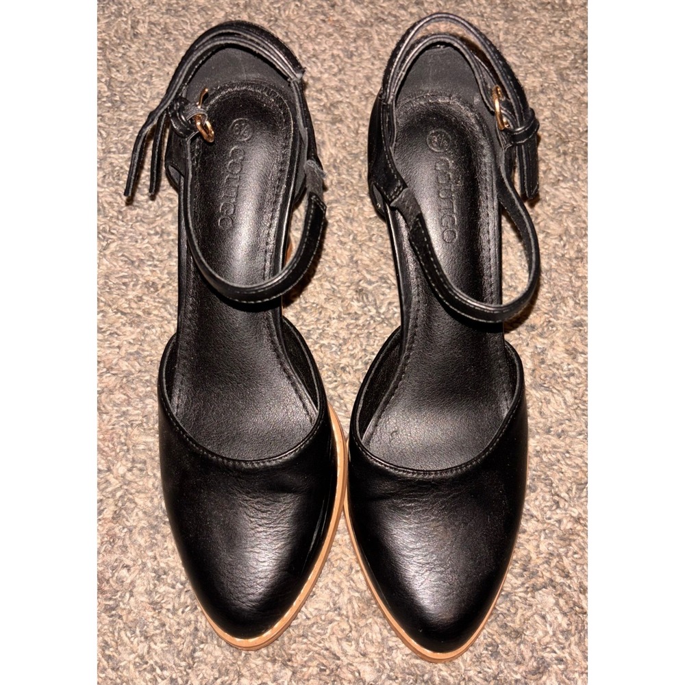 Coutgo Womens Black Ankle Strap Pointed Toe D'Orsay Block Heel Pumps Size 6.5